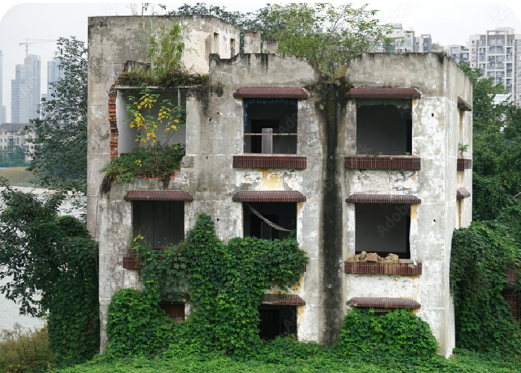 Plants growing on a deserted building